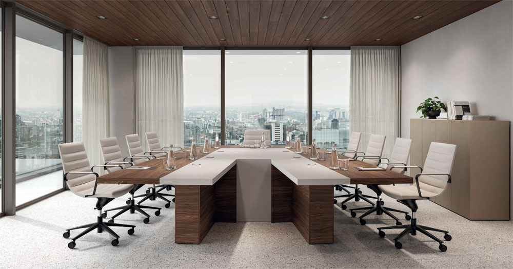 Table de Conférence en V MUX70 Bois et Fenix électrifié