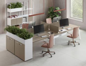 Bench 4 postes YES avec armoires et écrans mélaminé